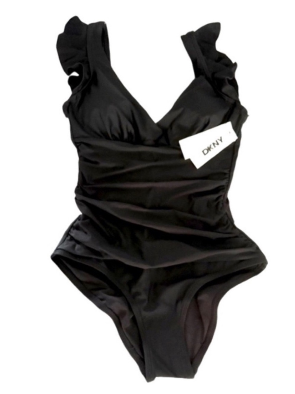 NEW DKNY One Piece Swimsuit Tummy Control Low Back Ruffle Straps Black Size S - Picture 4 of 16